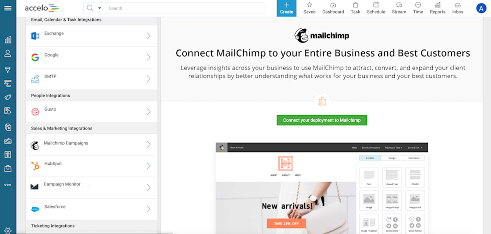 Image of Accelo dashboard with text Connect Mailchimp to your entire business and best customers