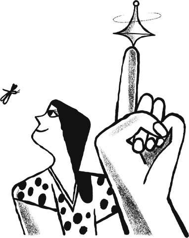 cartoon illustration of a person with a finger up and a spinner toy on top spining, looking at a dragonfly