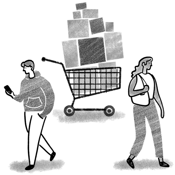 People shopping and a full shopping cart