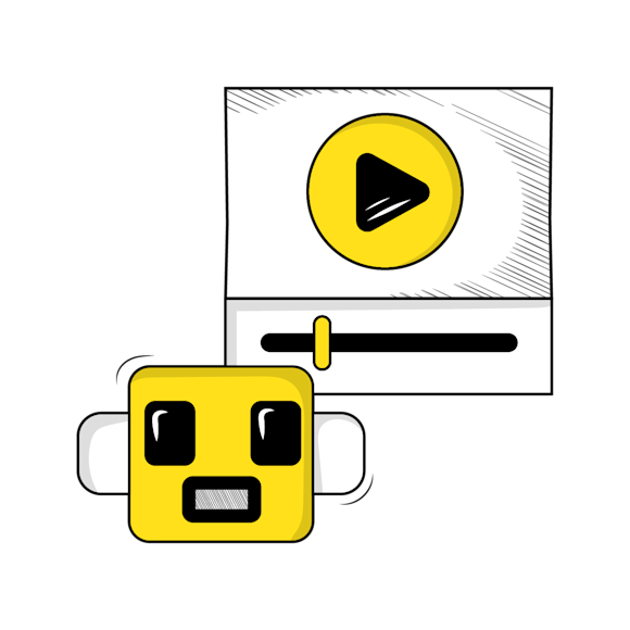 Yellow cartoon robot character with headphones below a video player interface with play button and progress bar