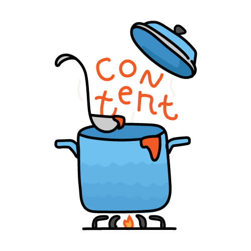 A blue cooking pot on a lit stove with steam rising and the word "content" spelled out in orange letters above it