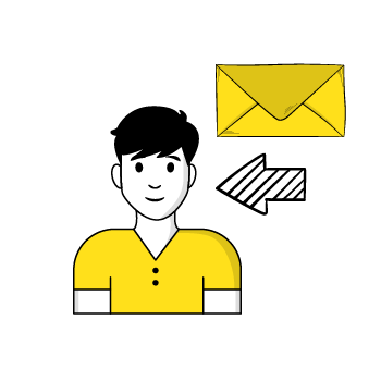 direct marketing - Cartoon illustration of a person in yellow shirt with black hair, shown with a yellow envelope and striped arrow icons