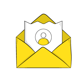 personalize every message - Simple yellow paper envelope shown unfolded with a pieces of a paper with a human profile icon