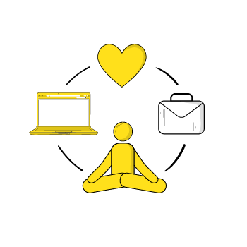 brand manager career path - Simple line drawings showing wellness and mindfulness icons including a heart, laptop, meditation pose, and self-care symbols