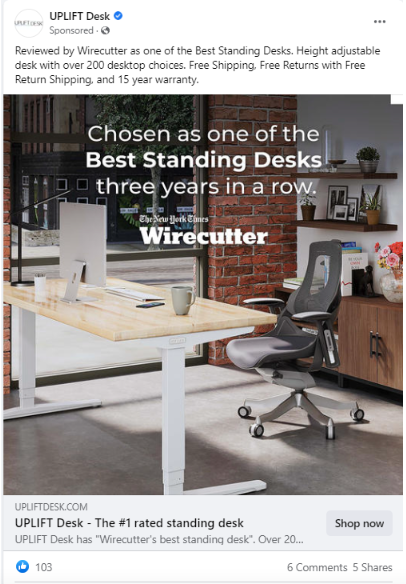 Uplift desk ad with social proof statistic