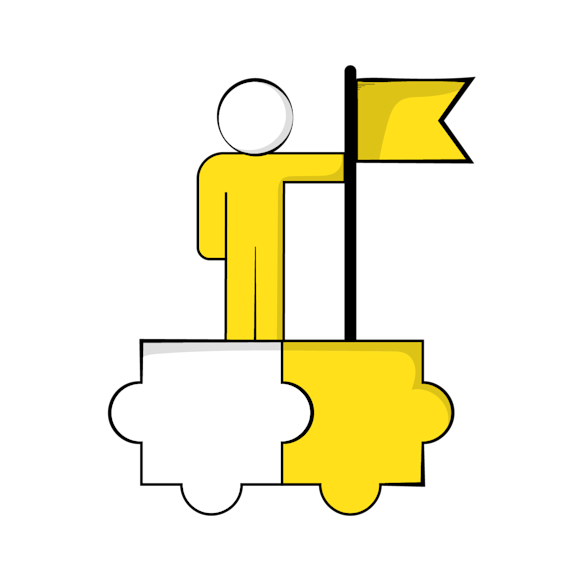 keep engagement high concept - Stick figure holding yellow flag stands on two connected puzzle pieces