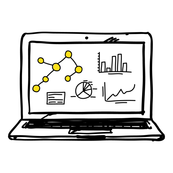 An open laptop with different analytics icons