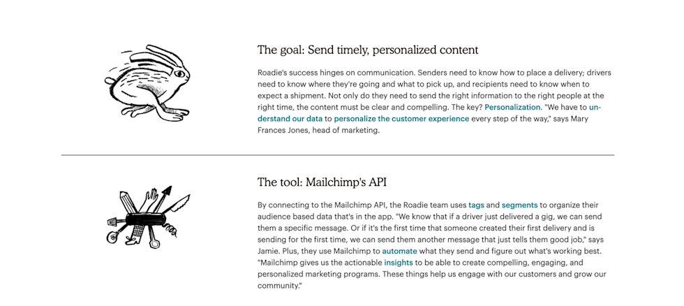 Screenshot of webpage section with two vertically stacked items, each with icon on left sidebar and headline and copy blurb on right. The headline and copy blurbs are all left-aligned to make content clean and easily readable.