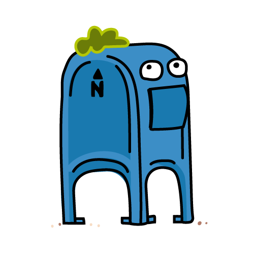 A cartoon illustration of a mailbox with googly eyes and a small green tuft on its head