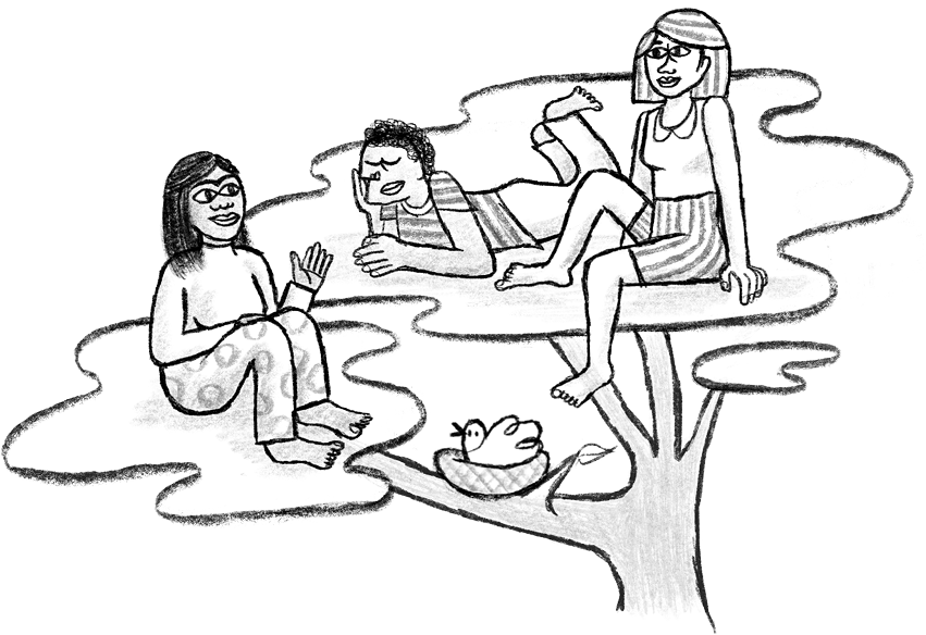 Black and white sketch of a group of people sitting together in a casual setting, engaged in conversation and interaction