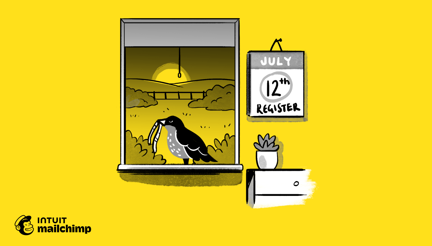 Illustration of a bird catching a worm at sunset through a window, with a July 12th calendar and small potted plant on yellow background