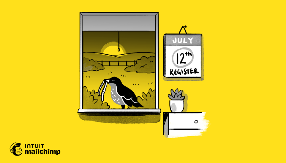 Illustration of a bird catching a worm at sunset through a window, with a July 12th calendar and small potted plant on yellow background