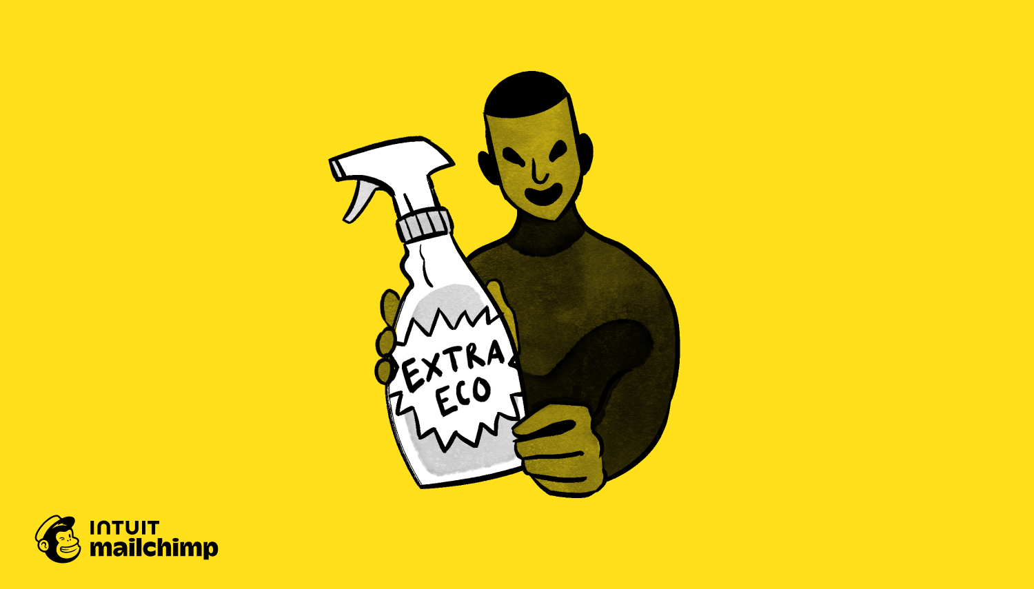 Illustrated figure holding spray bottle labeled "EXTRA ECO" against yellow background with Mailchimp logo at bottom