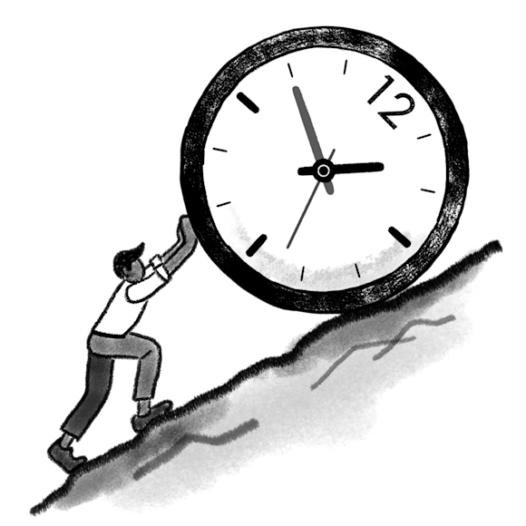 Time management: man pushing a clock up a hill