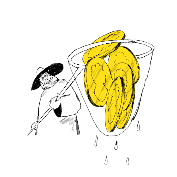 Man with net full of coins