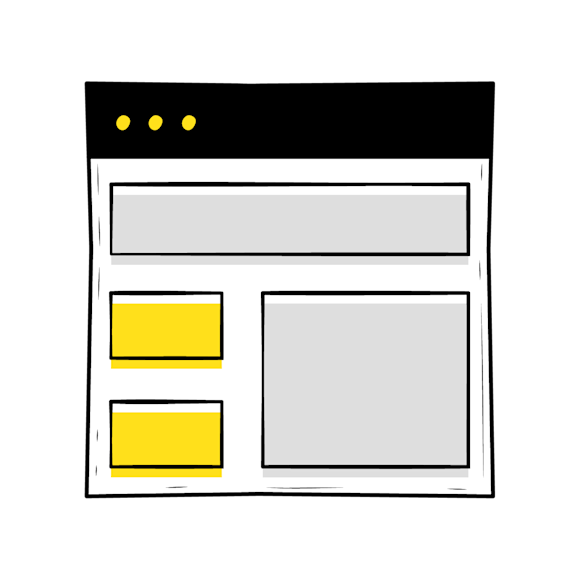 website design tips - Simple wireframe layout with black header containing three yellow dots, gray content area with two yellow rectangular buttons