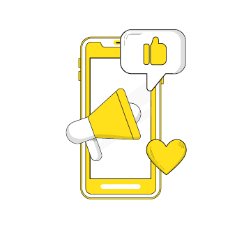 improve your social media - Simple line art icons showing thumbs up symbols and social media engagement elements in yellow and white color scheme