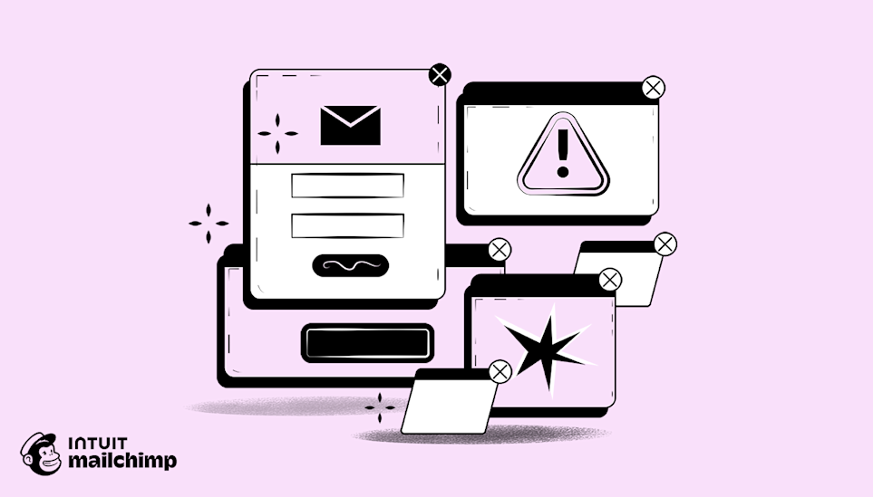 Black and white illustration showing stacked email message windows with close buttons and the Mailchimp logo at bottom