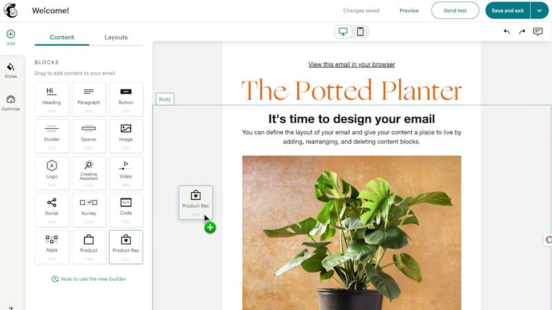 Mailchimp email builder interface showing content blocks menu and preview of "The Potted Planter" newsletter with monstera plant image