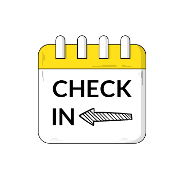 A sign that says “check in” with an arrow pointing to the left.