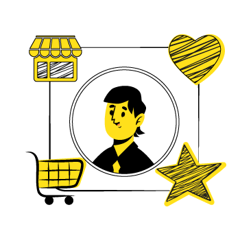 clicks into customers - illustration showing circular profile icons, shopping cart, and store icons