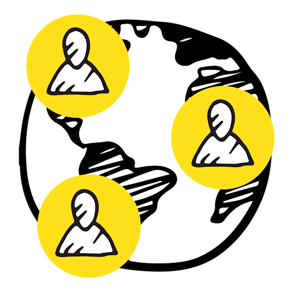 Graphic of a globe with three people icons scattered around it