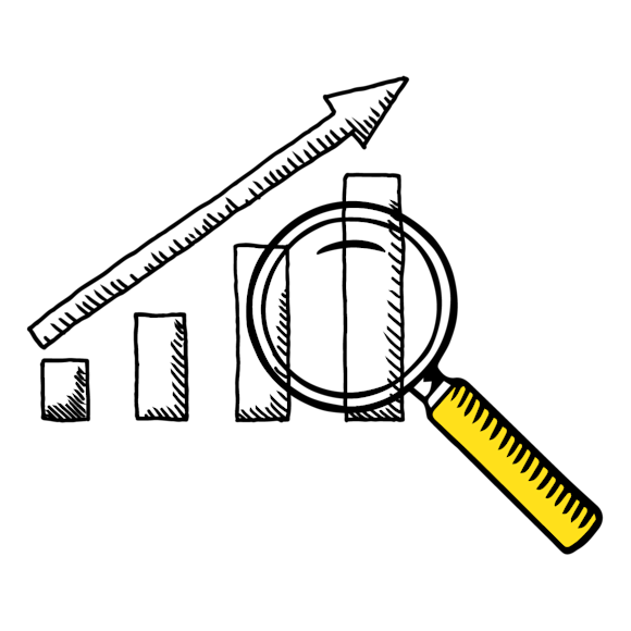 Graphic of an upward bar chart with a magnifying glass over it