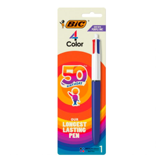 BIC 4-Color retractable ballpoint pen in retail packaging featuring rainbow gradient design and 50th anniversary logo