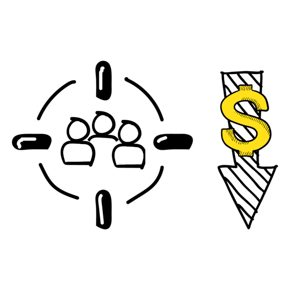 Graphic of a bullseye with people icons inside and a downward arrow with a dollar sign on it