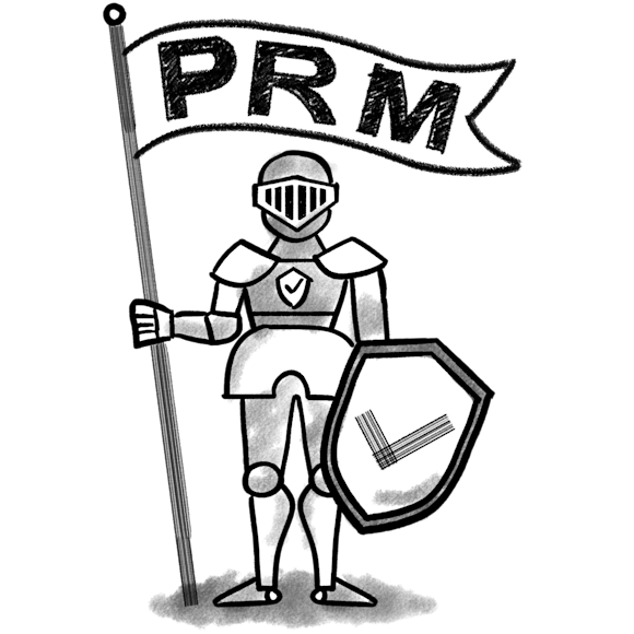 Knight holding a flag that says PRM