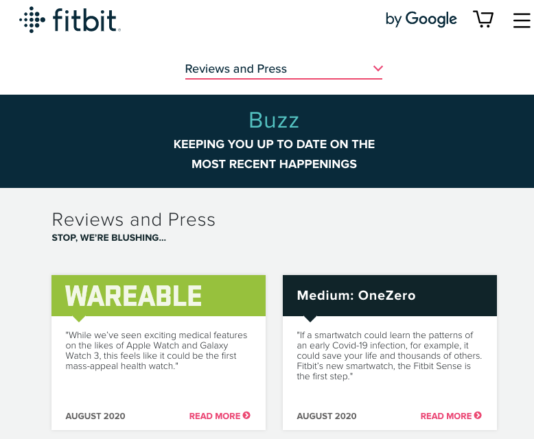 Fitbit website showing mentions of its products in the press