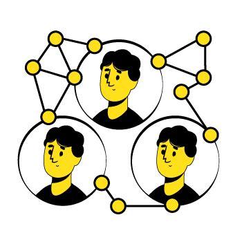 website provider - Connected circular portraits of people in black and yellow, linked by dots in a network pattern forming a chain design
