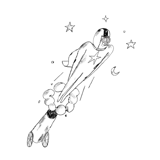 Black and white sketch of a retro-style astronaut soaring through space with stars and a crescent moon, leaving a trail of clouds behind