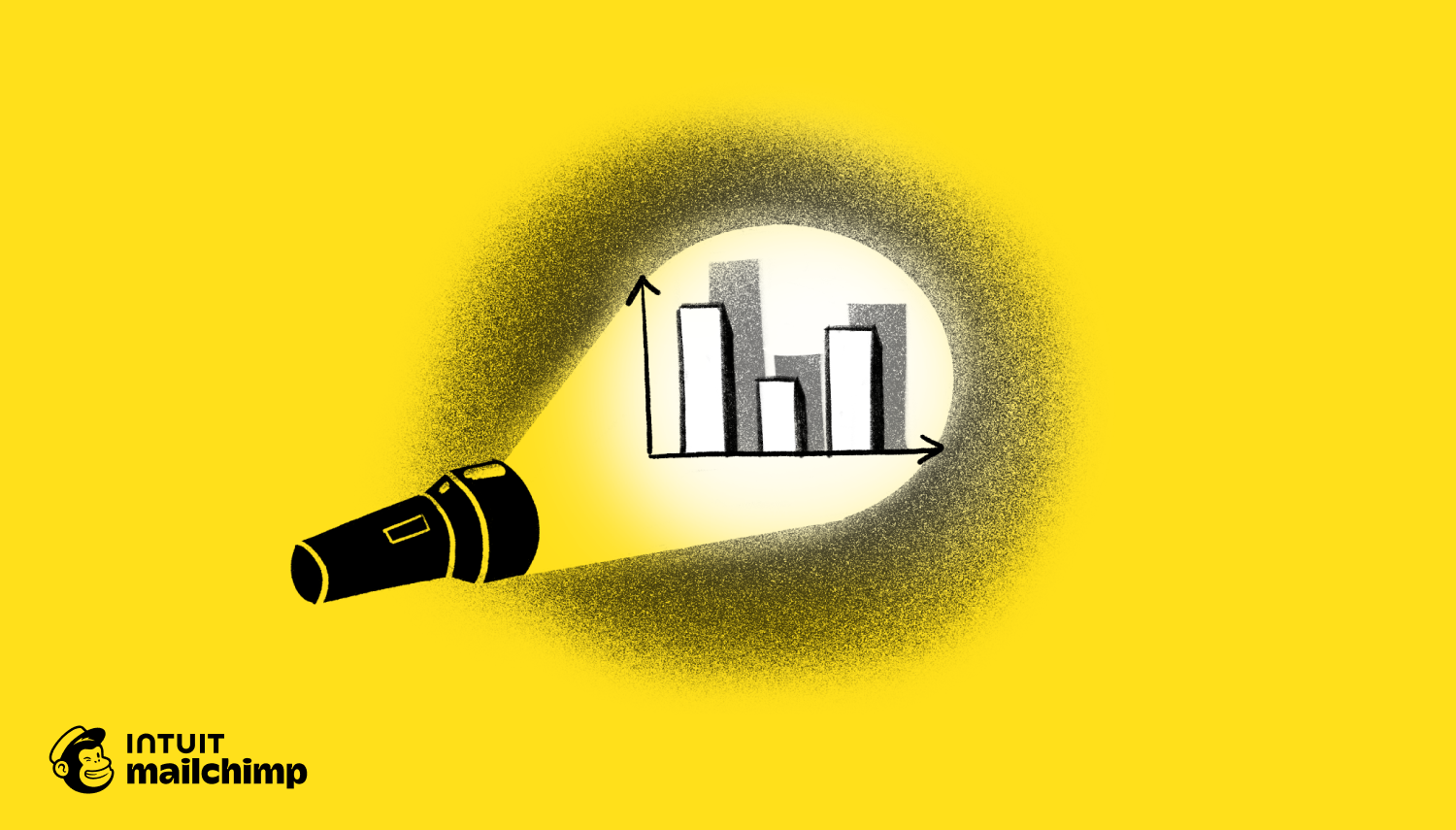 Flashlight beam illuminates a bar graph against yellow background, with Mailchimp logo in bottom corner