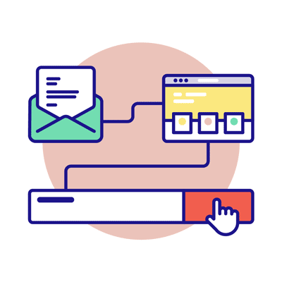 Simple line illustration of connected digital devices and interface elements in blue, yellow and coral colors