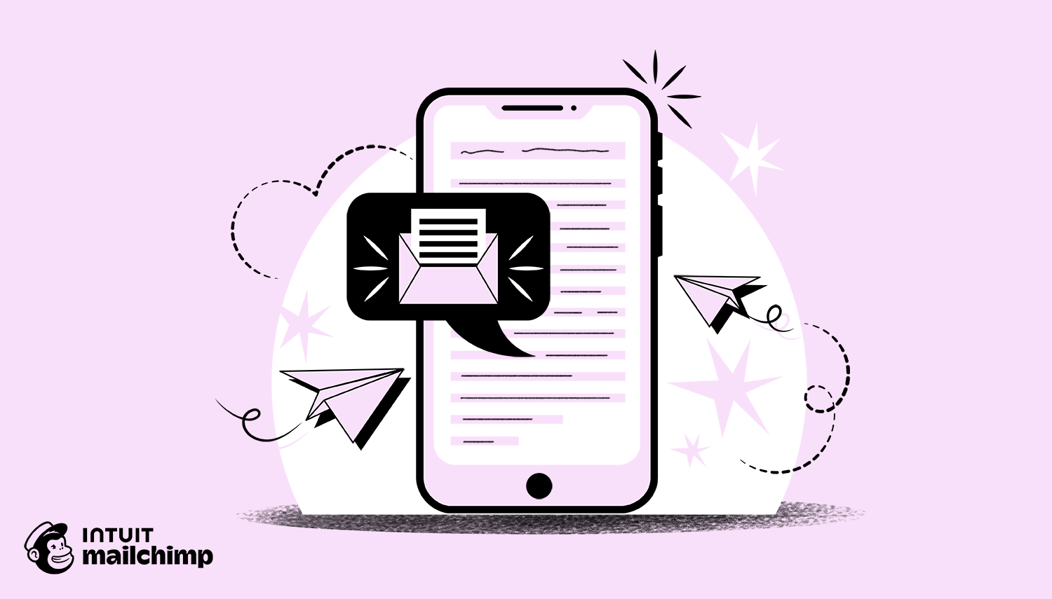 Stylized illustration of a mobile phone with paper airplanes flying around it on a pink background, with Intuit Mailchimp logo below