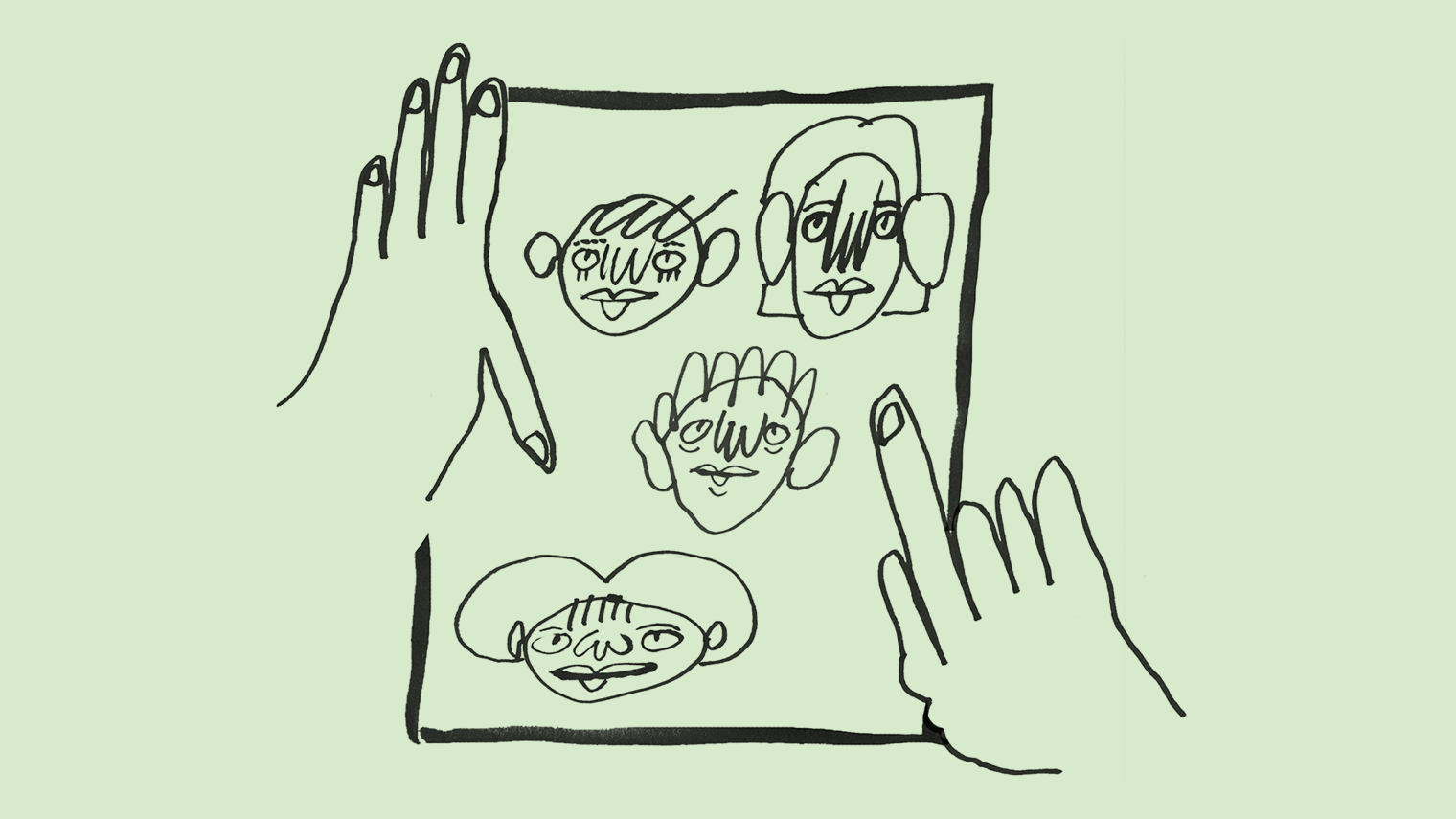 A hand pointing to some faces in a drawing