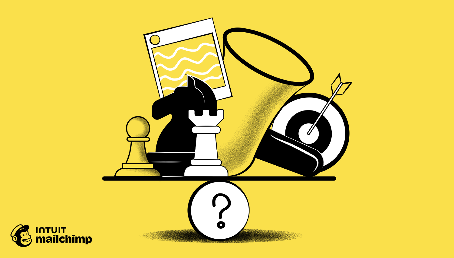illustration collage conveying content alignment, including chess pieces, a bullseye dartboard, and webpage mockup, balancing atop a question mark