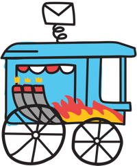 Cartoon illustration of a blue mail delivery cart with colorful flames coming from its side and a white envelope icon on top