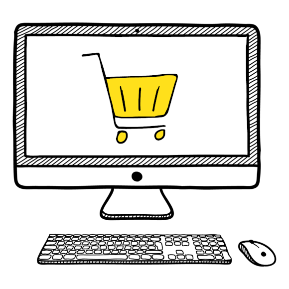 computer and a graphic of a shopping cart on the screen