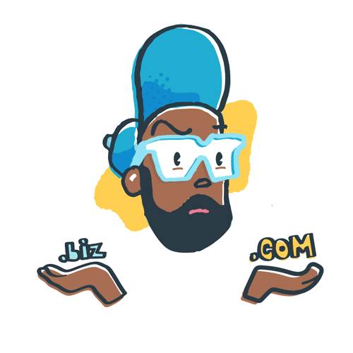 Cartoon illustration of bearded man wearing blue cap and white glasses, with hands below gesturing toward .biz and .com text
