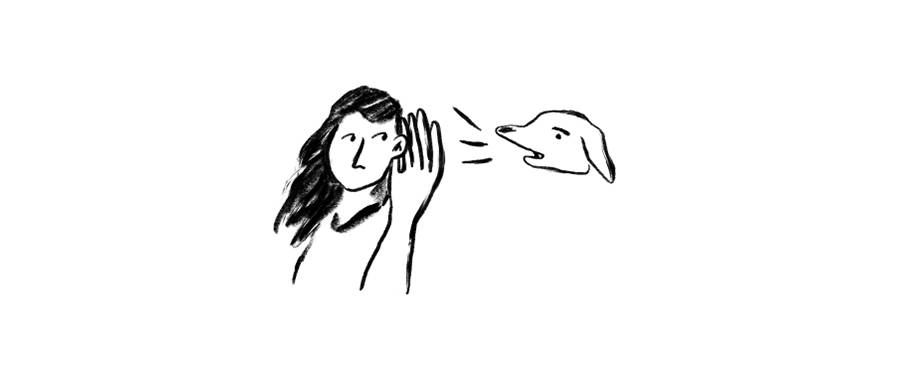 Doodle of a person holding up their hand to their ear to listen to a dog barking. 