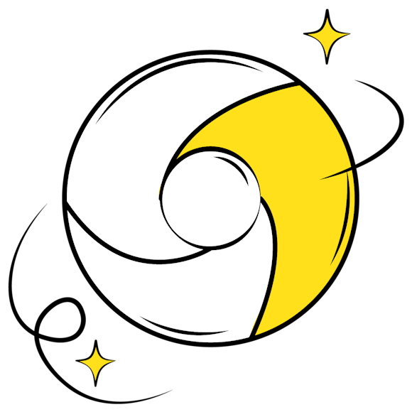 google chrome cursor - stylized black and white line drawing of a crescent moon with yellow highlights and small stars, resembling a logo or icon design
