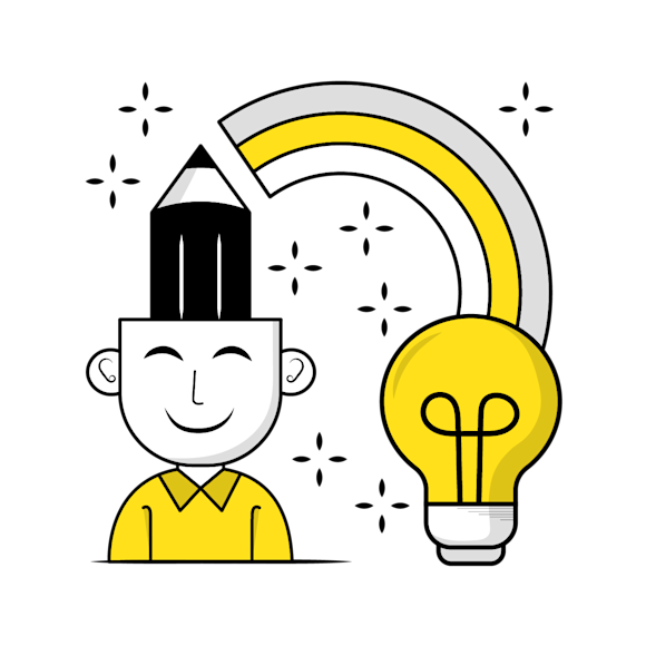 your brand slogan - Cartoon illustration of a smiling figure in yellow shirt with light bulb nearby, surrounded by sparkles