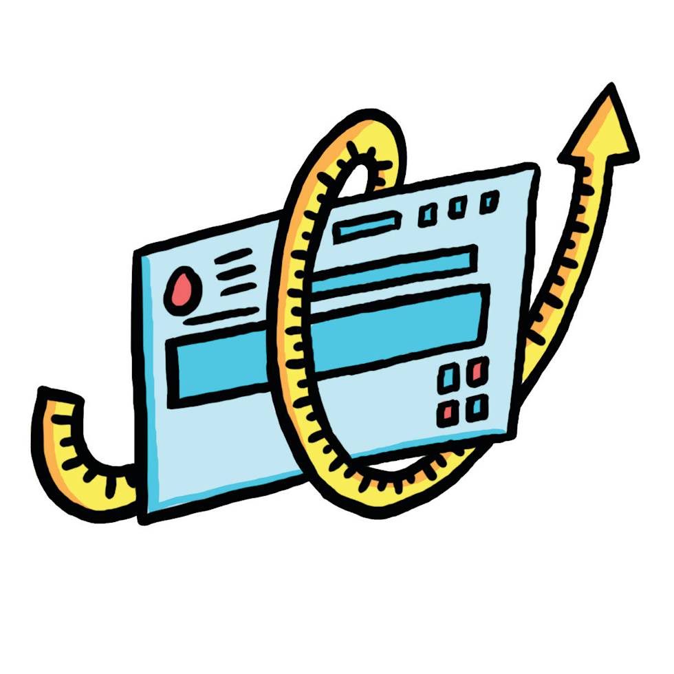 Cartoon illustration of a light blue computer window or interface with a yellow measuring tape wrapped around it, suggesting measurement or metrics