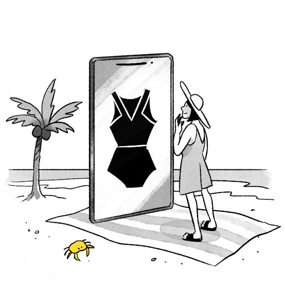 Woman on a beach, looking at swimwear on a large mobile device