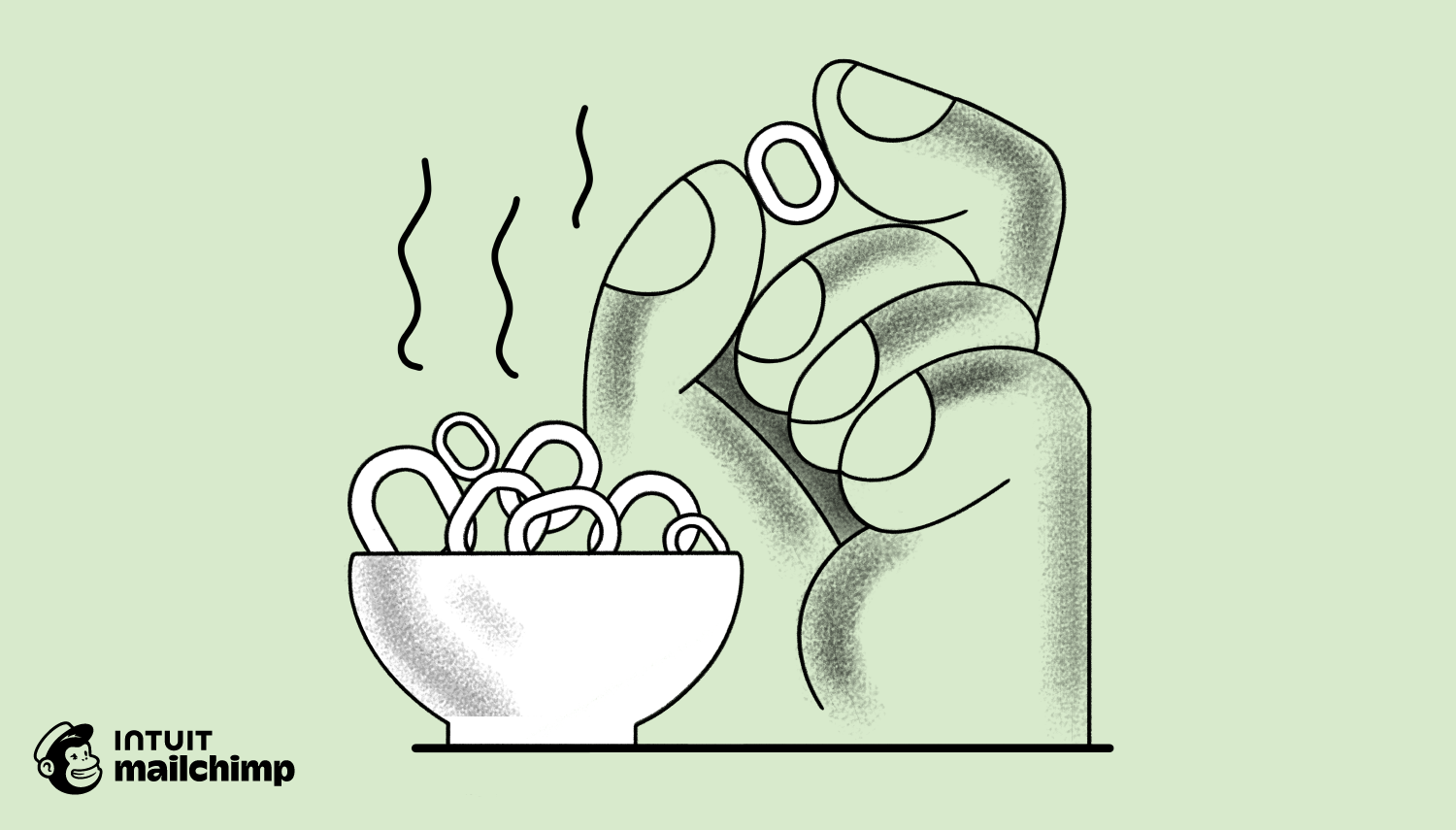 A simple line drawing of a steaming bowl of onion rings with a large hand reaching for them on a mint green background