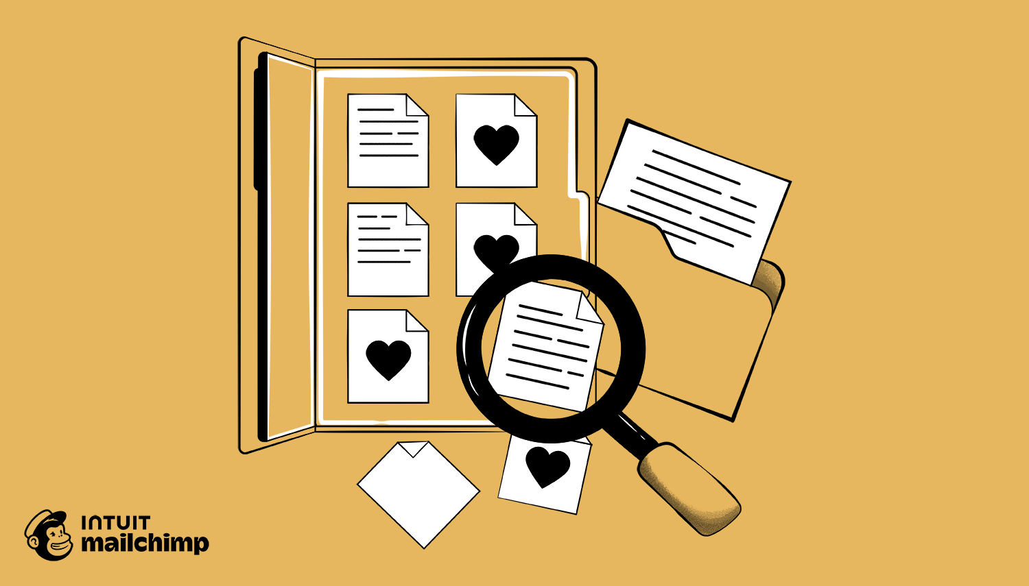 Illustration showing documents with heart icons being examined through a magnifying glass, with a folder and Mailchimp logo below