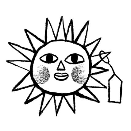 A sun with some mighty ruddy cheeks. A tag hangs from one of its pointy parts. 