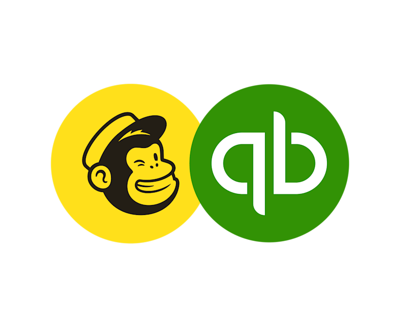 Logotipo de Mailchimp y logotipo de QuickBooks en conjunto, cada logotipo dentro de círculos separados y colocados uno al lado del otro